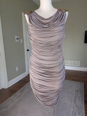 JS Boutique Ruched Cocktail Party Dress Beaded Shoulders Taupe Size 10